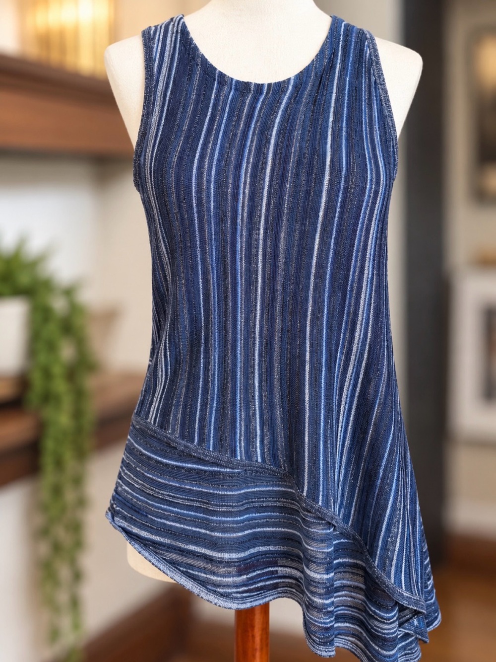 White House Black Market Blue Striped Asymmetrical Knit Tank Top S